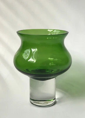 Green Bamboo Blown Glass Footed Hurricane Vase/ Candle Holder Large H 7" - Image 1 of 4