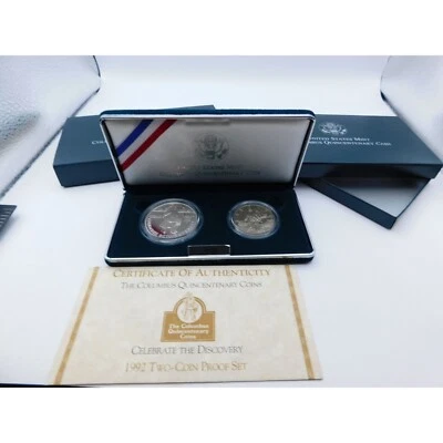 1992 Columbus Quincentenary Two Coin Proof Set w/ Box/COA Dollar is 90% Silver - Image 1 of 4
