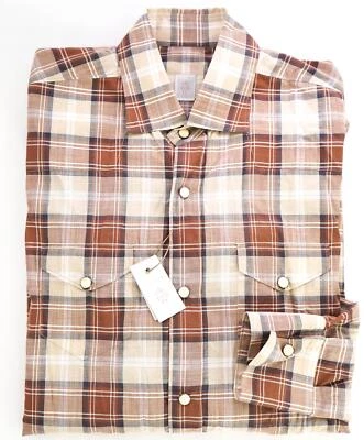 $395 ELEVENTY - Sand *Snap Front* Snap Texas Style Western Shirt - M - Imagem 1 de 4