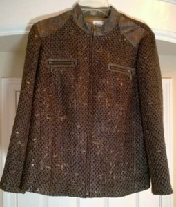 Chicos Womens Sz 2 (12-14) Kellina Jacket Chocolate Metallic Faux Leather Trim - Picture 1 of 9