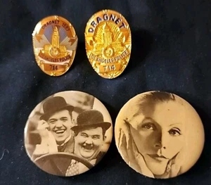 LAUREL & HARDY SANDYVAL & WRAY Card DRAGNET ALT-DESIGN CREW GIFT TIE PINBACK x2 - Picture 1 of 11