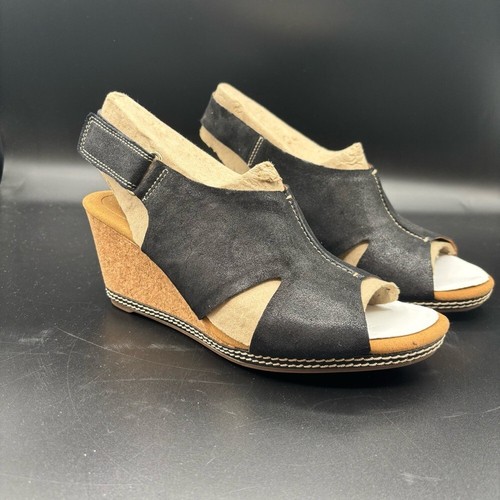 CLARKS Sandali neri nuovi Clark's Collection donna zeppa sughero guarisce gancio passante taglia 9