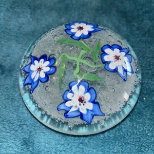 Vintage Hand-Blown Glass Paperweight With Blue Flower & Controlled Bubbles #WW - Picture 1 of 24