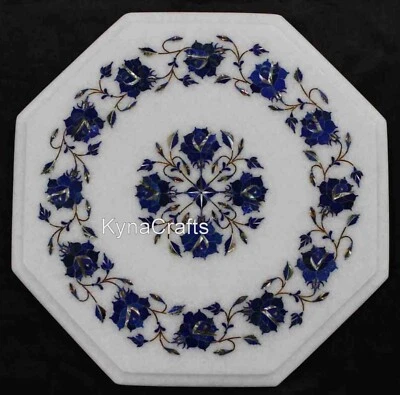 Lapis Lazuli Stone Inlay Work End Table for Hotel White Marble Coffee Table Top - Image 1 of 4