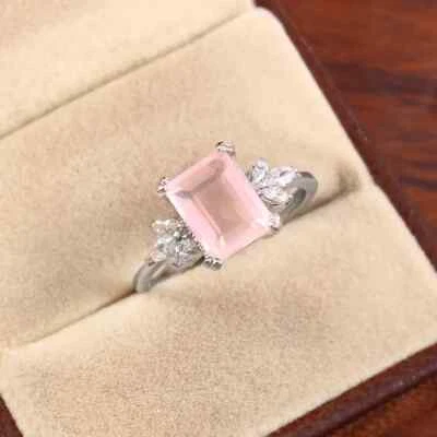 Anillo de cuarzo rosa, delicado anillo llamativo, plata de ley 925, anillo de promesa Foto 1 de 4