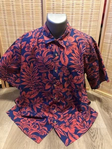 Cooke Street Hawaiian Button Up Shirt Cotton XL Blue and Red Floral Hibiscus - Picture 1 of 9