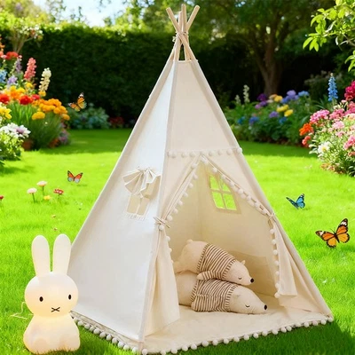 Large Canvas Kids Teepee Star Wood Indian Tent Child Play House 2025 New UK - Image 1 of 4