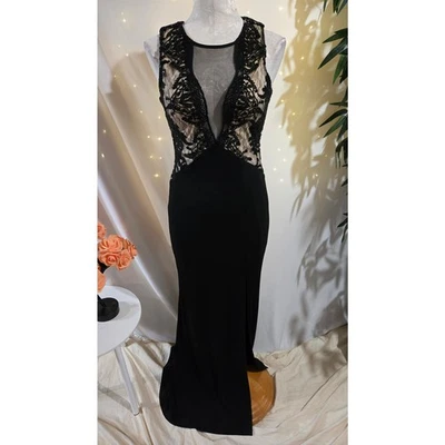 Vtg Trixxi Y2K Womens Lace Sequin Bodycon Slit Gown Dress Sz 3 Black Whimsigoth - Image 1 of 4