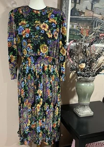 Diane Freis Vintage Pleated Long Sleeves Beaded Midi Dress Size M - Picture 1 of 13