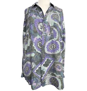 Vintage 90s City Streets Silk Printed Green Button Down Shirt Size Medium Summer - Picture 1 of 5