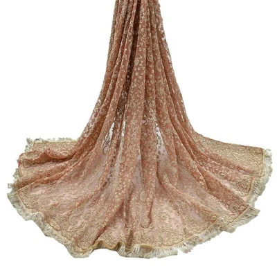 Indian Vintage Peach Net Dupatta: Indian Bridal Stole, Golden Zardozi Embroidery - Image 1 of 4