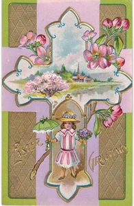 Easter Girl Pink & Green Tulips Gilded Border 1910 Winsch Back STIFF CLEAN - Picture 1 of 2