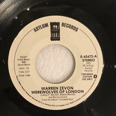 WARREN ZEVON - WEREWOLVES OF LONDON, ASYLUM E-45472, PROMO 45 RPM, S & M, 1978 - Image 1 of 4
