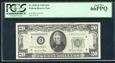 FR. 2059-D 1950 $20 FRN FEDERAL RESERVE NOTE CLEVELAND, OH PCGS GEM UNC-66PPQ - Image 1 of 2