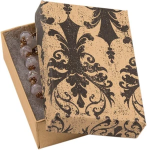 Jewelry Boxes 100 Tan Black Damask 2 1/2" X 1 1/2" x 7/8" Print Cotton Filled - Picture 1 of 4