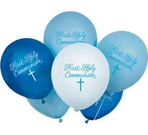 FIRST HOLY COMMUNION BALLOONS - 8 x BLUE & WHITE BOYS - CROSS - FAST DISPATCH - Picture 1 of 1