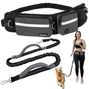 Dog Leash Belt Hands Free Running Jogging Walking Waist Pouch with Bungee Leash - Picture 1 of 43