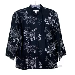 JM Collection Womens Jacket 8 Petite Linen NEW Black Floral Embroidered Shacket - Picture 1 of 15