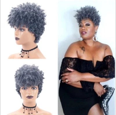Moda Peluca Sintética Corta Afro Rizada Gris Corte Pixie Pelucas para Negro Mujer Fiesta Foto 1 de 4