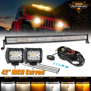 AUXBEAM 42" Curved LED Light Bar Strobe Amber White+2X 4'' Work Light For Jeep - Picture 1 of 12