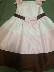 Rare Too! Girl's 4t Dress Pink White Brown W/ Bows Beautiful  - Picture 1 of 2