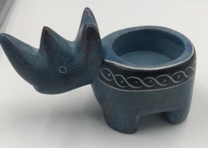 Blue Hand Carved Soapstone Rhinoceros Rhino Candle Holder Figurine Made in Kenya - Picture 1 of 6