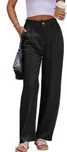 Women's Cotton Linen High Waisted Wide Straight Leg Trousers Black L (B21) - Picture 1 of 2