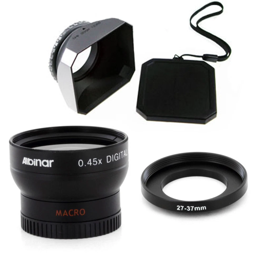 27mm Wide Angle Lens with Macro and Silver DV-s Hood for Cameras Camcorders, New - Image 1 of 1