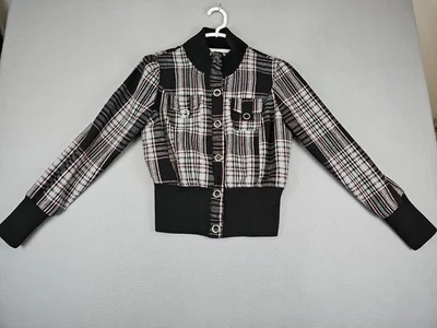 Chaqueta de bombardero vintage Paris azul mezcla de lana mediana negra a cuadros forrada frontal a presión Foto 1 de 4