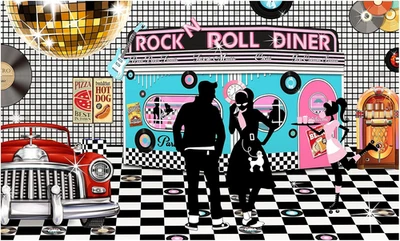 Telón de fondo de comedor años 50 pancarta grande decoración mesa de postre fondo fotomatón P Foto 1 de 4