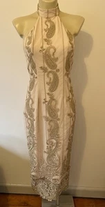 ELLE ZEITOUNE Gold Halterneck Lace MIDI Dress Size 8 - Picture 1 of 6