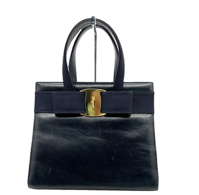 Salvatore Ferragamo Miss Vara Ribbon Bow Navy Blue 2way Leather Top Handle Bag - Image 1 of 4