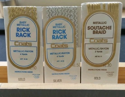 Vtg Coat RICK RACK Lot 3 Metallic Gold Silver Braid Rick Rack NOS 11 Yard Vtg - Image 1 of 4