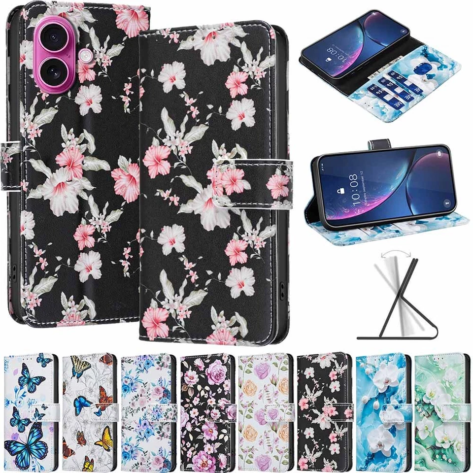 For iPhone 16 16e 15 14 13 12 11 SE 7 8 Magnetic Wallet Case Flip Leather Cover - Image 1 of 4
