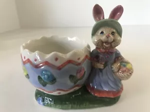 Plato baratija caramelo plantadora de huevos agrietados pintado conejo de Pascua de colección - Imagen 1 de 8