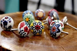 Lot Of 10 Hand Painted Colorful Ceramic Cabinet Knobs Pulls Drawer Handles - Picture 1 of 8