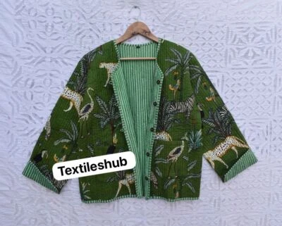 Indian Green Tiger Quilted Cotton Jacket Handmade Jacket Women's Clothing US - Image 1 of 2