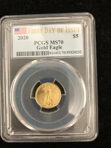 2020 $5 American Gold Eagle FDOI Flag Label 1/10 oz PCGS MS70 - Picture 1 of 6