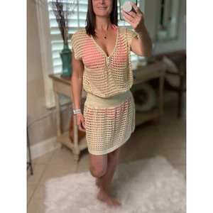 Crochet Mesh V Neck Mini Beach Swimsuit Cover Up Beach Pool Beige Tan One Size - Picture 1 of 5