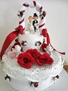 Wunderschöne Hochzeitstorte Geldgeschenk Handtuchtorte bordeaux / weiß - Bild 1 von 4