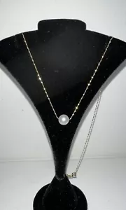 14K Yellow Gold Chain Floating REAL Cultured Pearl Pendant Necklace 15.5” - Picture 1 of 9