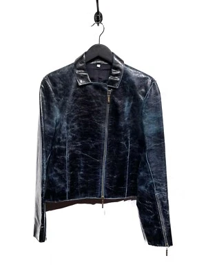 Roberto Cavalli Distressed Leather Jacket with Turquoise Piping - Image 1 of 4