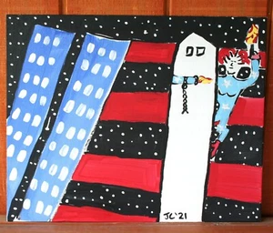 TWIN TOWERS AMERICAN SPACE FLAG Jr CHARLIE FAST OUTSIDER POLITICAL FOLK ART USA - Picture 1 of 7