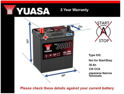 Battery fits MITSUBISHI i LANCER COLT 1.2 1.3 1.4 1.6 78 to 13 Yuasa 055 330A - Image 1 of 4