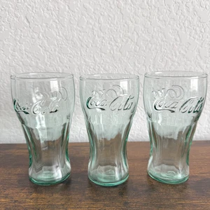 3 Mini (4 Oz) Coca-Cola Green Glasses Tapered with Embossed Logo EUC Set of 3 - Picture 1 of 8