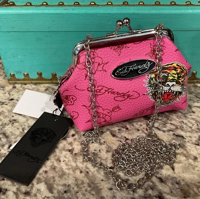 ED HARDY Debossed Pink Coin Bag Faux Leather w/kiss-lock closure Crossbody Chain - Image 1 of 4