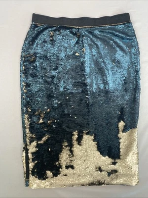 NWT H&M Women's Sequined Midi Blue & Gold Elastic Waist Size Medium Holiday - Image 1 of 4