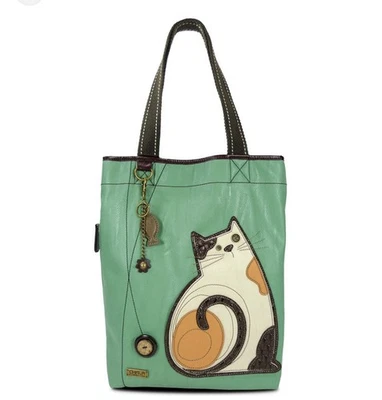 Chala Handbags Vegan Leather PU Tote Bag Cat Purse Turquoise Aqua & Poppy Wallet - Image 1 of 4
