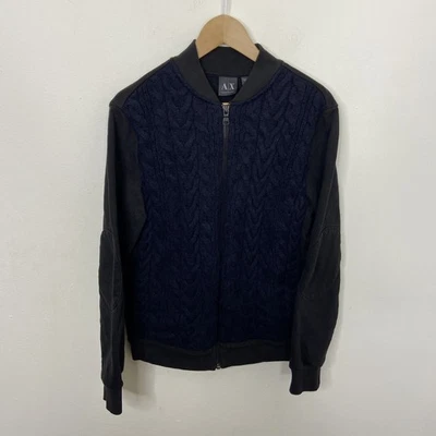 A/E Armani Exchange Men M Cable Knit Sweater Zip Jacket Blue Black Wool Blend - Image 1 of 4