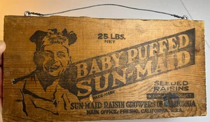 Antique Sun-Maid Baby Puffed Raisins Wooden Crate Sign Plaque Fresno California - Picture 1 of 14